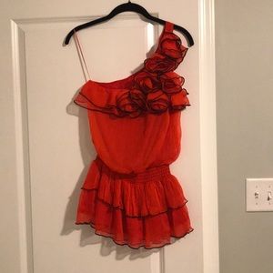 Red one shoulder top.